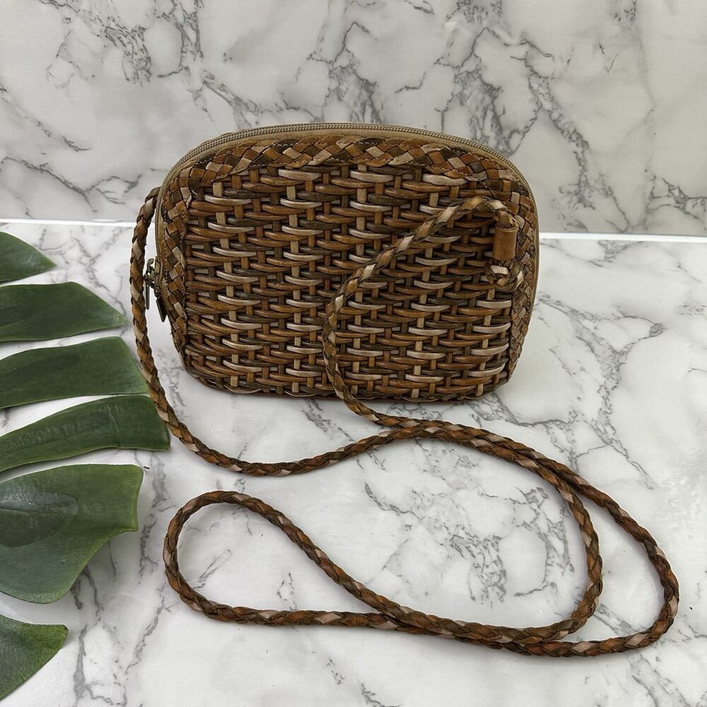 CEM Vintage 90s Woven Leather Cross Body Purse Bag Brown Tan Boho Braided